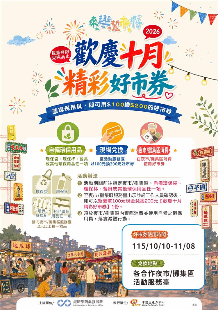 經濟部商業發展署串聯全國40處夜市推出好市券         邀民眾10月連假出遊逛夜市、嚐美食、享優惠