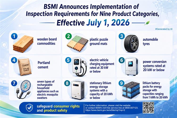 BSMI Announces Implementation of Inspection Requirements for Nine Product Categories, Including Electric Vehicle Charging Equipment
