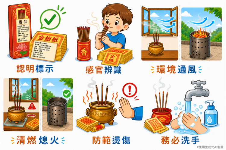 選購及使用「金、銀紙」及「香品」注意事項：選購要看標示、挑選完整外觀商品、通風場環境使用、遠離周遭易燃物、避免兒童或寵物靠近燃燒區域、接觸後要洗手。
