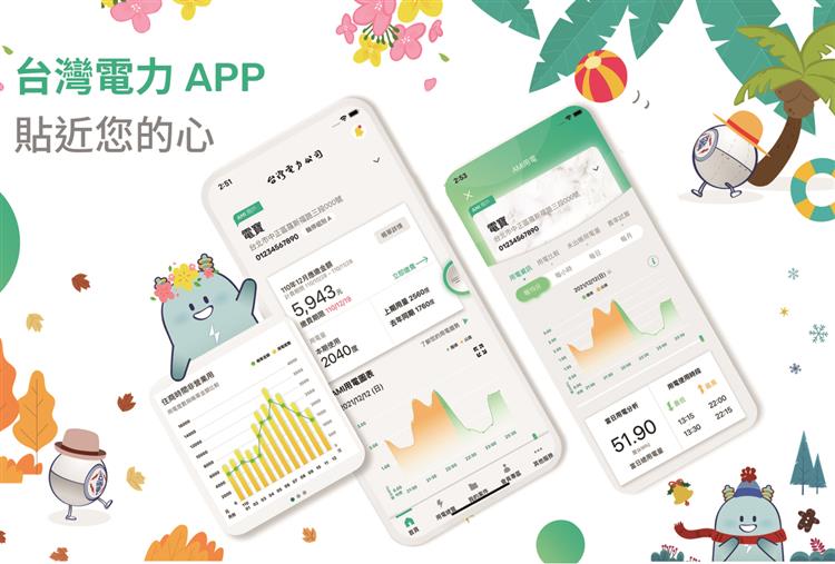 台灣電力App全新改版升級，除了介面更加簡明，還有超Q吉祥物「電寶」，與好麻吉「力力」與「點點」，一起提供用戶良好的App使用經驗。