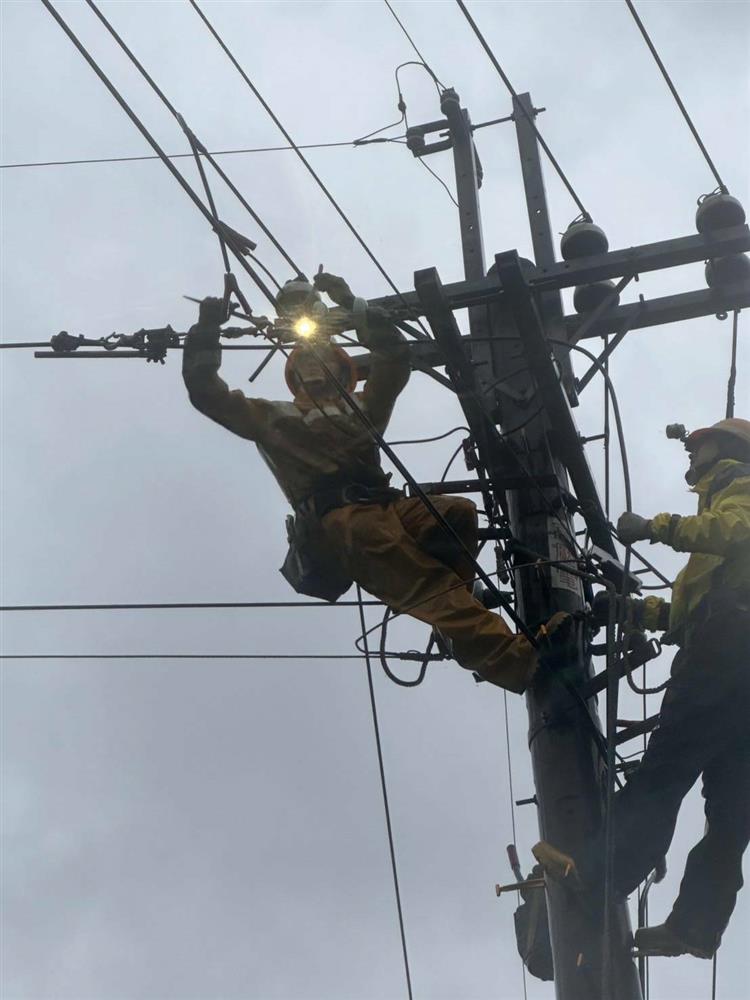 目前修復進度受風雨及道路中斷影響，若有搶修不及的情況，敬請國人體諒，同仁正不停搶修中。圖為新北市林口區高壓斷線搶修作業。