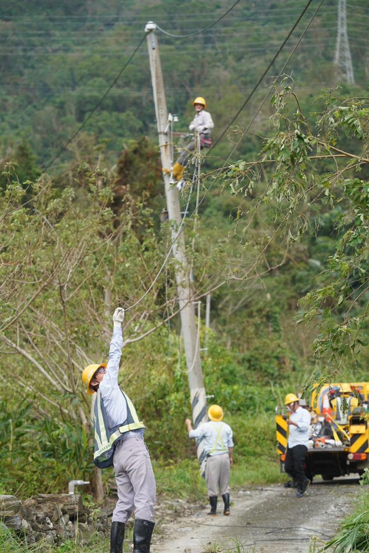 受康芮颱風影響，大型樹木、電桿倒斷嚴重，清除倒樹、重新建桿的作業也相當耗時。圖為花蓮區處同仁線路搶修。