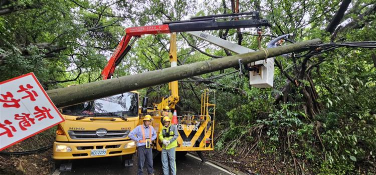 圖說：高雄市仁武區大樹壓倒電纜線及電桿斷3根，台電人員加速清除搶修。